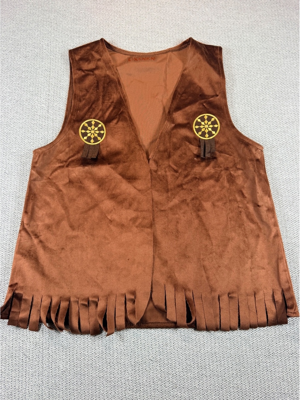 Brown Suede Fringe Vest with Embroidered Medallions